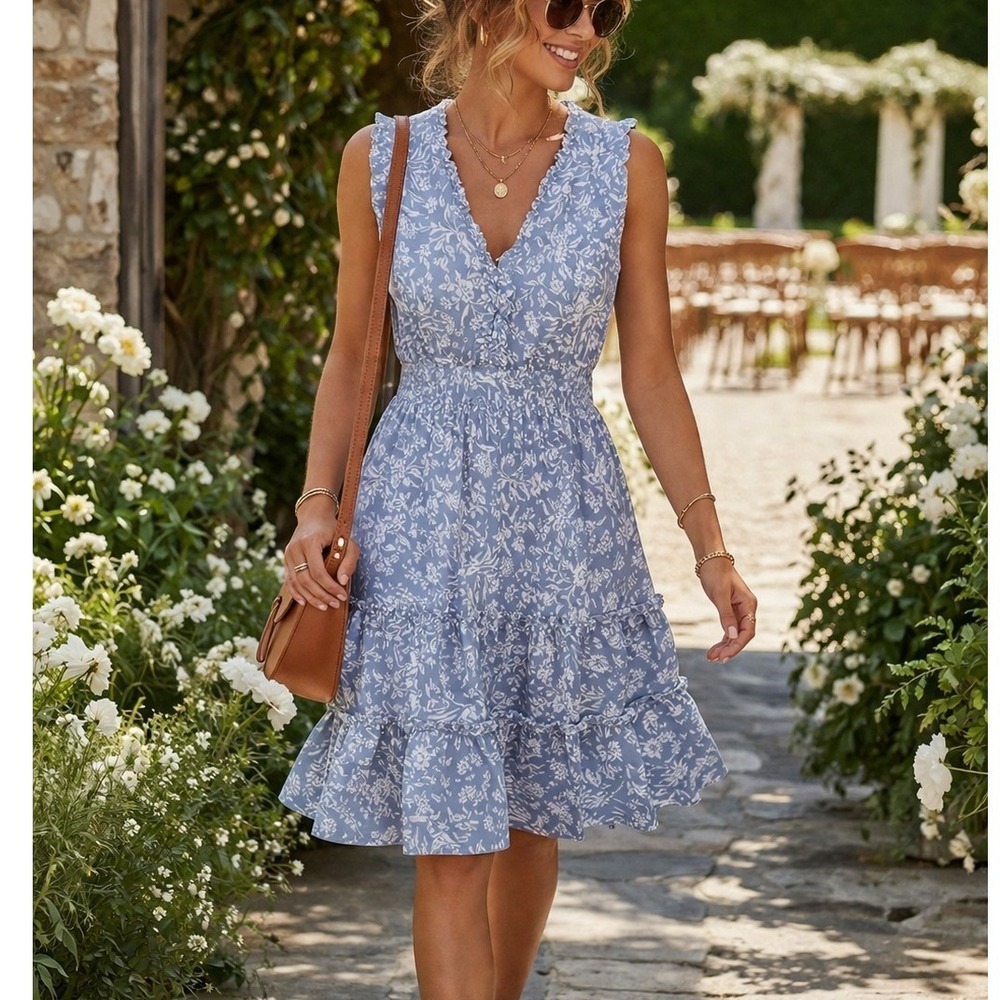 Lucky Brand Blue Floral Midi Dress Boho Ruffle Tiered Sleeveless Size 6